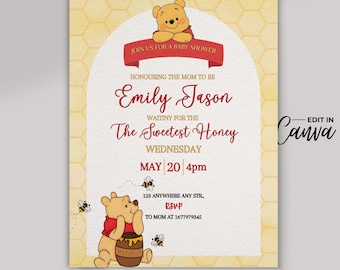 Editable Winnie the Pooh Baby Shower Invitation, Classic Pooh Bear Honey Bee Invite, Neutral Canva Template, Digital Download 5x7