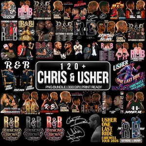 May include: A collection of R&B-themed graphics featuring Chris Brown and Usher. The designs include tour posters, album art, and stylized portraits. The text includes "R&B," "Raymond & Brown," and "Tour 2026." The bundle contains over 120 PNG files, print-ready at 300 DPI.