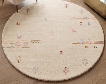 Hand Loom Ivory Round Gabbeh Rug, Wool Gabbha Carpet, Minimal Tribal Area Rug, Handmade Indian Style Home Decor