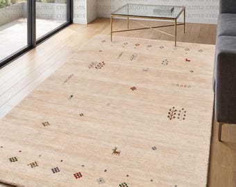 Beige Gabbeh Rug, Natural Wool Medium Pile Tribal Area Carpet