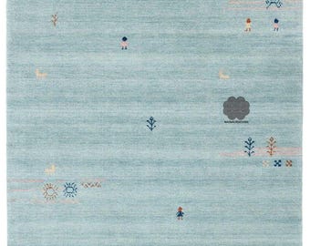 Light Blue Gabbeh Style Wool Rug – Minimalist Tribal Carpet with Village Motifs, Hand-Loom Area Rug for Living Room, Nursery & Modern Decor