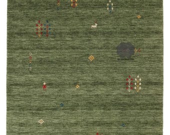 Green Gabbeh Rug | Handloom Wool Carpet | Persian Tribal Gabba Design | Olive Green Area Rug | Minimal Boho Decor | Handmade Custom Size