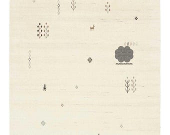 Handgeknoopt ivoorkleurig gabbeh-wollen tapijt, minimalistisch tribal tapijt, neutraal modern boho handgemaakt vloerkleed