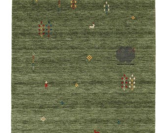 Hand Knotted Green Gabbeh Wool Rug, Minimalist Tribal Area Carpet, Modern Boho Handmade Living Room Rug