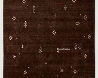 Brown Gabbeh Rug Hand Knotted, Tribal Wool Carpet, Nomadic Animal Motif Rug, Dark Boho Luxury Area Rug