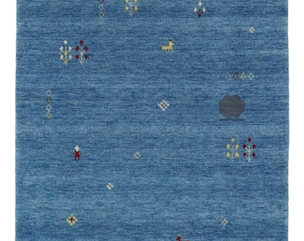 Blue Gabbeh Style Wool Rug – Hand-Loom Tribal Carpet with Animal & Nature Motifs, Soft Wool Area Rug for Living Room, Bedroom Modern Decor