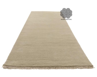 Handloom Wool Runner Rug | Solid Beige Hallway Runner | Minimalist Handwoven Carpet | Neutral Long Rug for Entryway | Custom Size Runner