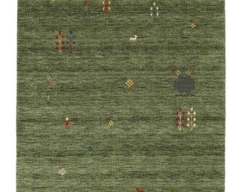 Green Gabbeh Style Wool Rug – Hand-Loom Tribal Carpet with Animal & Nature Motifs, Soft Wool Area Rug for Living Room, Bedroom Boho Decor