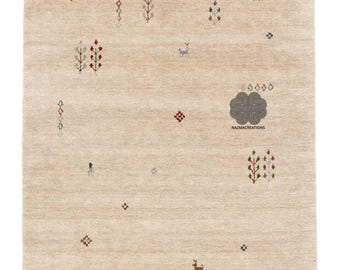 Alfombra de lana Gabbeh beige anudada a mano, estilo tribal minimalista, estilo bohemio moderno y neutro, hecha a mano.