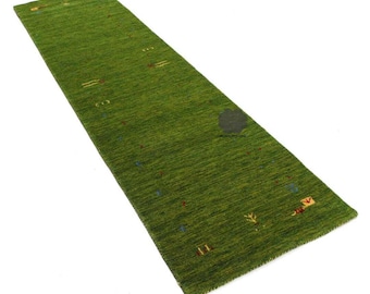 Solid Green Handloom Gabbeh Rug, Minimalist Wool Area Carpet, Modern Tribal Gabhah Rug with Subtle Specks, Handmade Living Room Decor