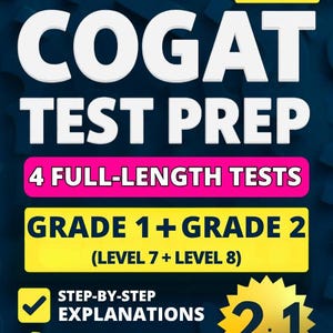 Peut inclure: Couverture de livre pour la préparation au test COGAT, avec le titre en grandes lettres blanches. Le texte supplémentaire comprend "4 TESTS COMPLETS", "GRADE 1 + GRADE 2" et "EXPLICATIONS ÉTAPE PAR ÉTAPE". La couverture est principalement bleue et jaune.