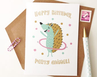 Hula Hedgehog Birthday Card - Happy Birthday Party Animal, Humor, Friend Birthday