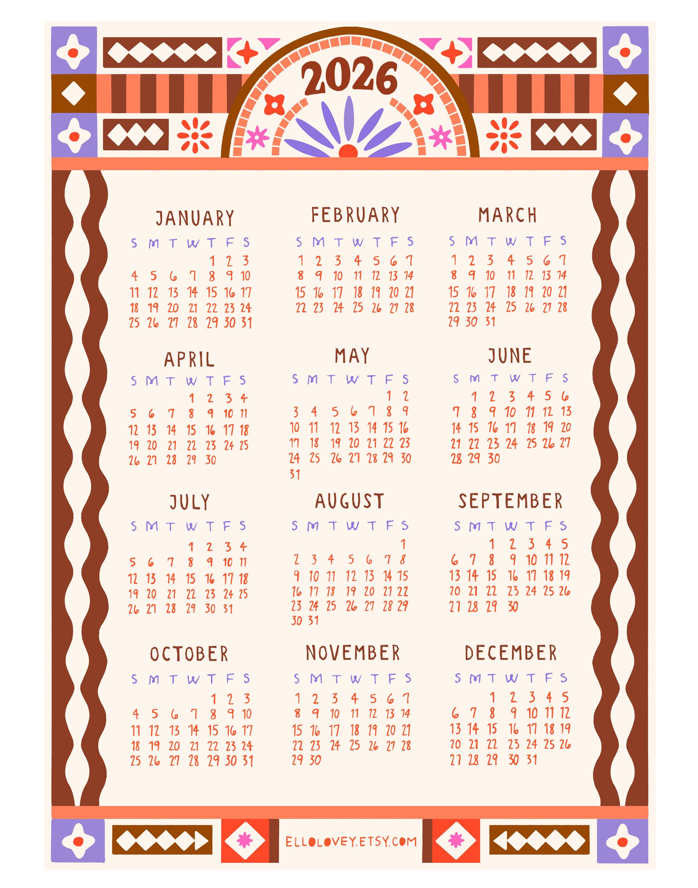 11x14 2026 Colorful Tile Year Calendar at a Glance Digital