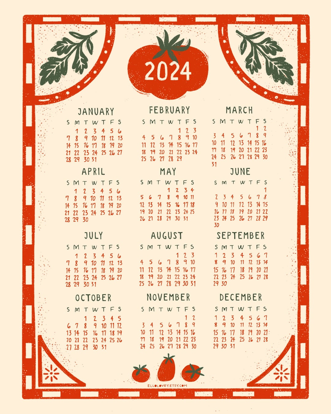 2024 Tomato Year Calendar at a Glance Etsy