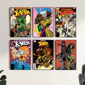 May include: Six framed comic book covers featuring X-Men characters. The covers display vibrant illustrations with bold colours and text, including the words "X-MEN" and "The Uncanny X-Men". The artwork showcases various characters in action poses.