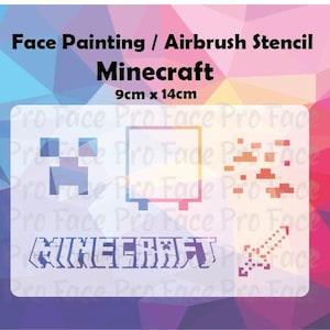以下が含まれることがあります： Minecraftのデザインが施された、フェイスペイントまたはエアブラシ用の白いステンシル。キャラクター、正方形、その他のゲーム要素のピクセル化された画像が含まれています。ステンシルのサイズは9cm x 14cmです。