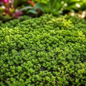 May include: Close-up of a vibrant green ground cover plant. The image showcases a dense, textured carpet of small, leafy plants, creating a lush, natural appearance. The bright green color suggests healthy growth and adds a refreshing visual element.