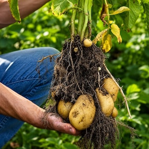May include: A freshly harvested potato plant with green stems and leaves, featuring a cluster of light brown, oval-shaped potatoes attached to a dense root system covered in dark, moist soil, held in a palm against a blurred green field.