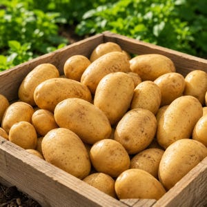 May include: A wooden crate filled with numerous raw, unwashed potatoes. The potatoes are oval-shaped with light brown, textured skin and small dark spots. They are piled together in the container, showing various sizes and irregular shapes.