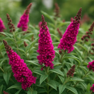 May include: Close-up of a flowering plant with vibrant magenta blooms. The flowers are densely packed on elongated, cone-shaped stems, surrounded by green foliage. The tips of the flower clusters are a darker brown.