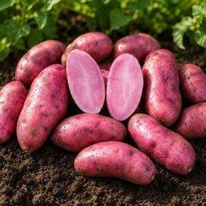 May include: A collection of oblong red potatoes with smooth, dark pink skin, including one potato sliced in half to reveal a vibrant, solid magenta-colored interior. The potatoes are clustered together, displaying their elongated shape.