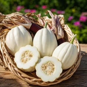 May include: A woven basket filled with white pattypan squash, some whole and some sliced to reveal the seeds. Dried corn husks and a small ear of purple corn are also in the basket. The background is a blurred view of green foliage and pink flowers.