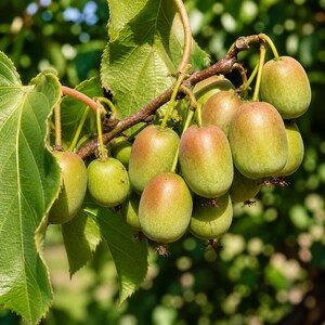 May include: A close-up of a branch laden with small, oval-shaped kiwi fruits. The fruits are a mix of green and reddish-brown hues, with a smooth skin. The leaves are a vibrant green, and the background is blurred.