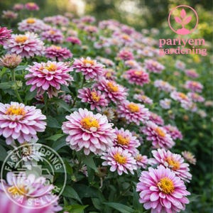 May include: A field of pink and white zinnia flowers with yellow centers. The flowers are in full bloom, with multiple layers of petals. Green leaves surround the flowers. The image has a soft focus, with a natural light.