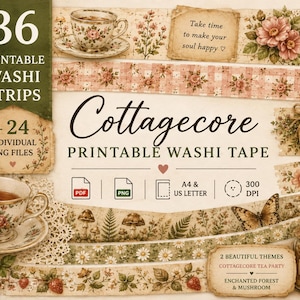 May include: A digital collection of 36 printable washi strips and 24 individual PNG files featuring floral, mushroom, and tea party patterns. The text includes Cottagecore Printable Washi Tape, Take time to make your soul happy, and Honey.