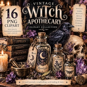 May include: A digital collection of 16 PNG clipart images titled Vintage Witch Apothecary. The graphic features a black raven, a human skull, glass bottles with cork stoppers, stacked books, a mortar and pestle, candles, and purple crystals.