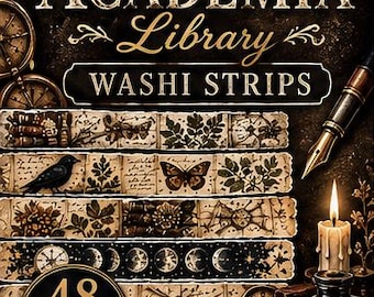 Printbare washi tape in Dark Academia-stijl | 48 vintage bibliotheekstroken + 48 PNG-bestanden