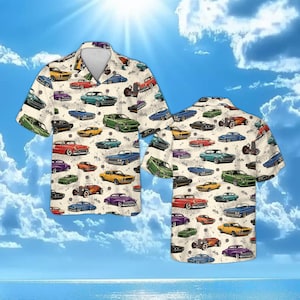 Classic Car Hawaiian Shirt, Vintage Muscle Car Button Down, Retro Hot Rod Aloha Shirt, Automotive Gift for Him, Summer Racing Outfit