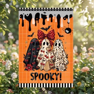 Drapeau de jardin fantôme rétro, décoration de jardin pour Halloween, bannière fantôme imprimé léopard et cerises, drapeau de porche d'Halloween, jolie décoration de maison pour Halloween