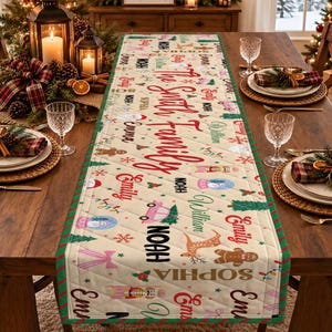 Könnte beinhalten: Ein gesteppter, cremefarbener Tischläufer mit einem sich wiederholenden Weihnachtsmuster, rotem Schriftzug The Smith Family und Illustrationen von Nussknackern, Lebkuchenmännern, Rentieren, Autos und Schneekugeln.