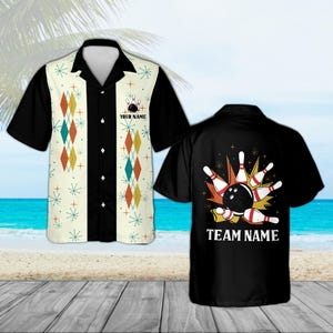 May include: Bowling-themed shirt with a cream front panel featuring a geometric pattern in teal, orange, and yellow. The back is black with a bowling ball and pins graphic. Text on the front says "YOUR NAME" and on the back "TEAM NAME".