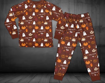 Unisex Fall Pajamas, Cozy Season Ghost Pumpkin PJs, Matching Autumn Sleepwear, Long Sleeve Loungewear Set, Thanksgiving Gift for Her Him