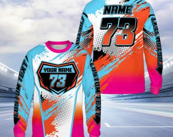Custom Motocross Jersey, Personalized Dirt Bike Long Sleeve Shirt, Racing Team Apparel with Name and Number, Youth and Adult Sports Tee