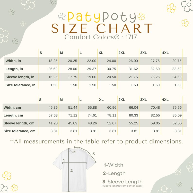 May include: A PatyPoty size chart for Comfort Colors 1717 t-shirts, featuring tables with width, length, and sleeve length measurements in inches and centimeters for sizes S through 4XL, alongside a diagram illustrating how to measure the garment.