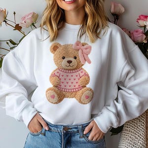 Faux Luxe Teddy Bear Sweatshirt, Pink Bow Teddy Sweatshirt, Heart Teddy Crewneck, Plush Bear Pullover