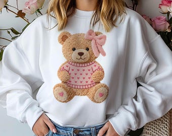 Faux Luxe Teddy Bear Sweatshirt, Pink Bow Teddy Sweatshirt, Heart Teddy Crewneck, Plush Bear Pullover