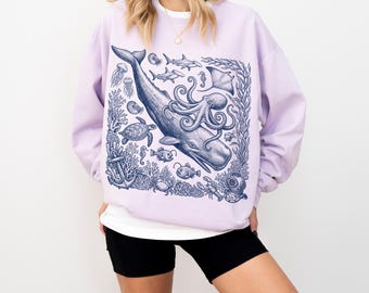 Vintage Whale and Octopus Sweatshirt, Ocean Life Illustration Crewneck, Coastal Grandma Aesthetic Shirt, Marine Biology Gift, Nautical Sea
