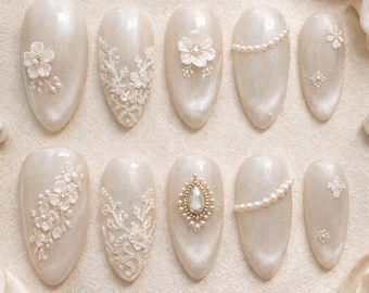 Pearl Bridal Press On Nails Almond Shape 3D Floral Elegant Design for Women Wedding Bridal Shower Gift Idea