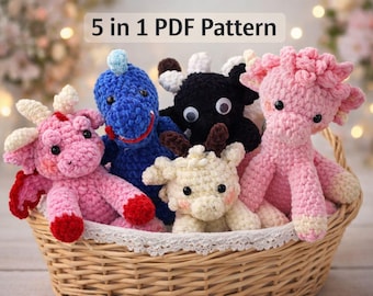 Paquete de patrones de dragones a crochet en PDF, patrón de amigurumi de dragón a crochet, peluche de dragón bebé, patrón de dinosaurio a crochet, 5 en 1 PDF, apto para principiantes