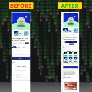 Puede incluir: Una lista de productos de comercio electrónico para el polvo blanqueador dental aprobado por dentistas. La imagen muestra una foto del producto del recipiente del polvo blanqueador, junto con información adicional del producto y una reseña del cliente. El fondo es una pantalla digital.