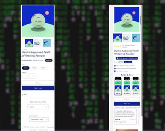 May include: An e-commerce product listing for Dentist-Approved Teeth Whitening Powder. The image shows a product shot of the whitening powder container, along with additional product information and a customer review. The background is a digital display.