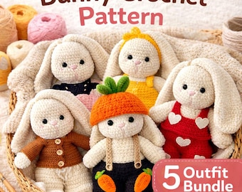 Patrones de conejito de ganchillo 5 en 1, patrón de conejito amigurumi en PDF, patrón de conejo de ganchillo, conjunto de patrones de conejito de ganchillo, conejito de Pascua en PDF