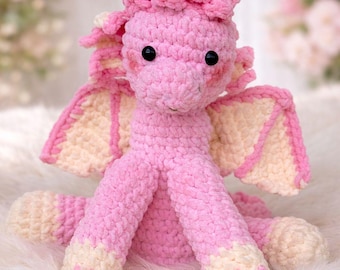 Patrón de ganchillo de dragón rosa en PDF, peluche de dragón bebé amigurumi, juguete de peluche fantástico para hacer tú mismo, tutorial de ganchillo de nivel intermedio para descargar al instante.
