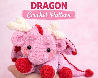 Patrón de ganchillo de dragón de corazón rosa (PDF), dragón de peluche amigurumi de San Valentín, peluche de fantasía, hilo de terciopelo DIY, descarga instantánea