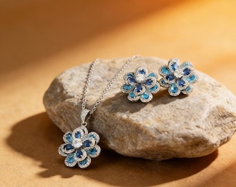 Unique Blue Flower 14K Gold-filled With Cubic Zircon Jewelry Set,  Trendy Dainty Blossom Necklace & Earrings, Aesthetic Vintage Gift
