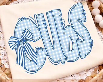 Cubs PNG, blau Gingham Bogen Maskottchen Shirt Design, Schulgeist PNG, Spieltag Sublimationsdatei